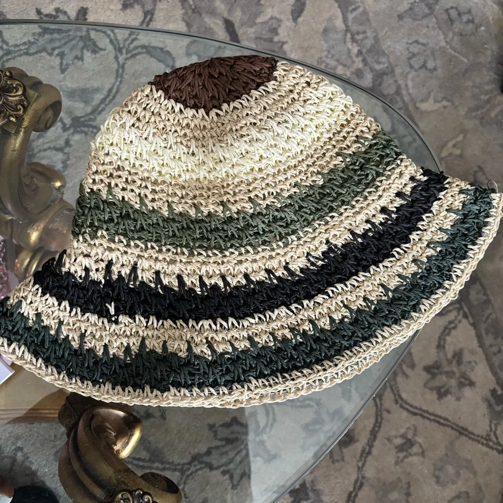 NEW IN BAG NIB Lori Goldstein LOGO Adjustable Striped Sun Hat in Green Black